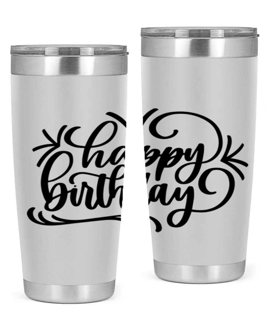 Happy Birthday Style 5# tumbler in vibrant colors, showcasing its double wall vacuum stainless steel design and drink-thru lid.