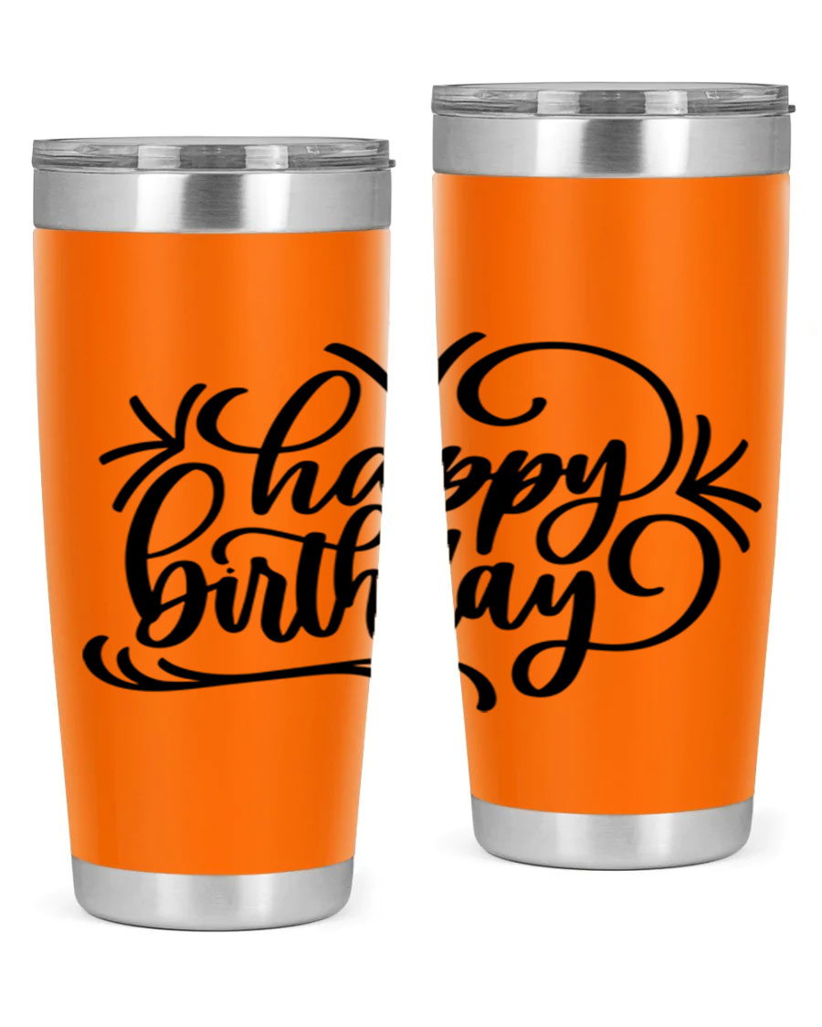 Happy Birthday Style 5# tumbler in vibrant colors, showcasing its double wall vacuum stainless steel design and drink-thru lid.