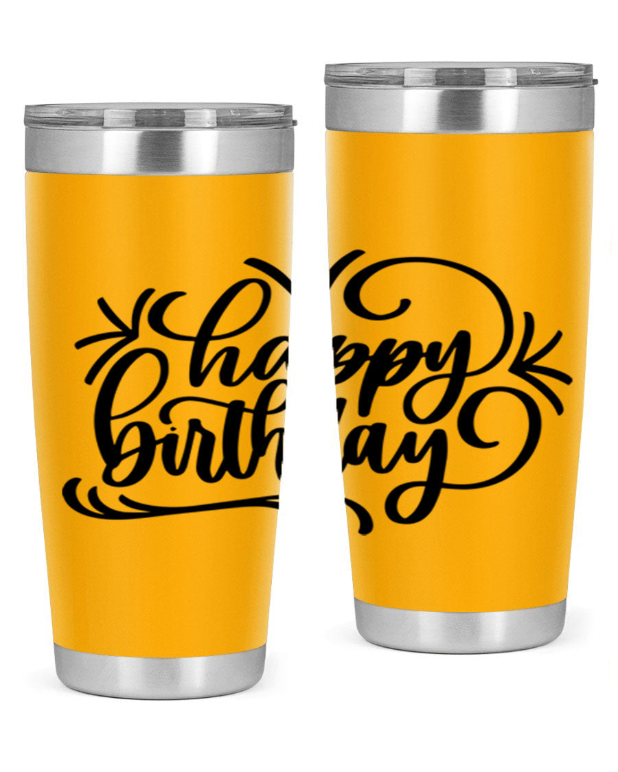 Happy Birthday Style 5# tumbler in vibrant colors, showcasing its double wall vacuum stainless steel design and drink-thru lid.