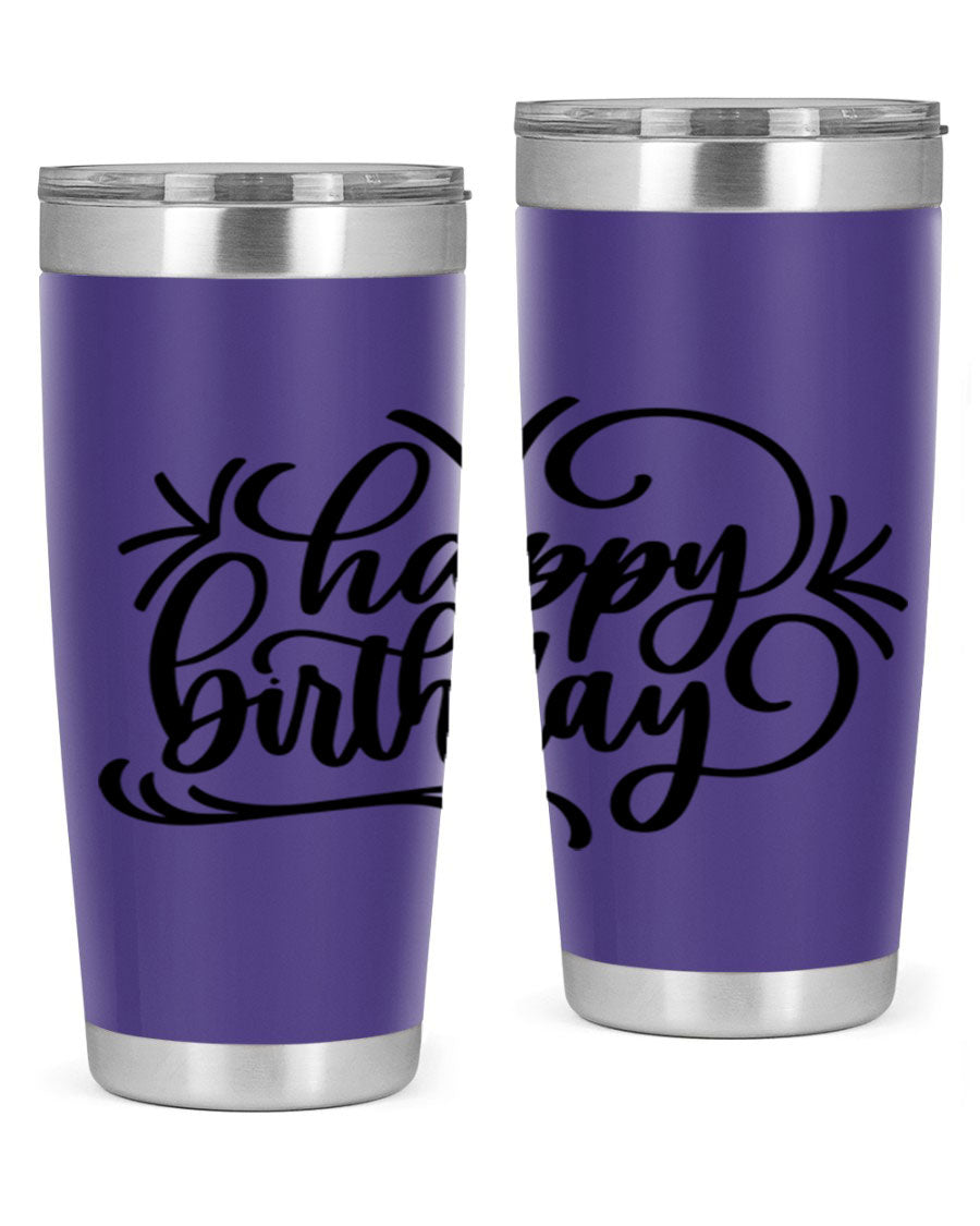 Happy Birthday Style 5# tumbler in vibrant colors, showcasing its double wall vacuum stainless steel design and drink-thru lid.