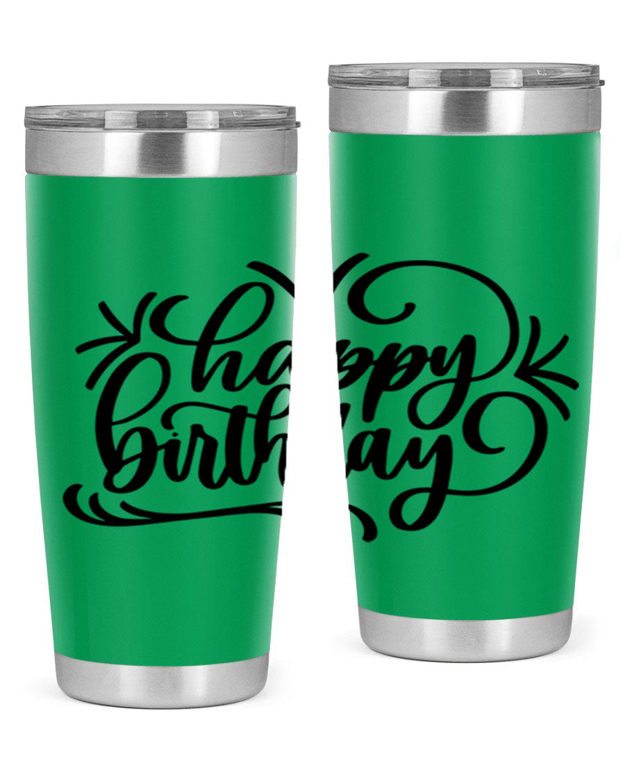 Happy Birthday Style 5# tumbler in vibrant colors, showcasing its double wall vacuum stainless steel design and drink-thru lid.