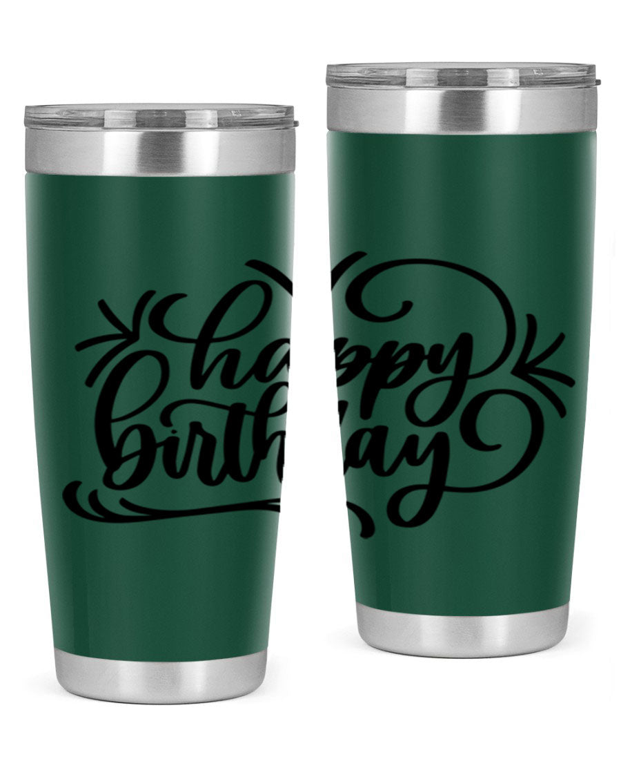 Happy Birthday Style 5# tumbler in vibrant colors, showcasing its double wall vacuum stainless steel design and drink-thru lid.