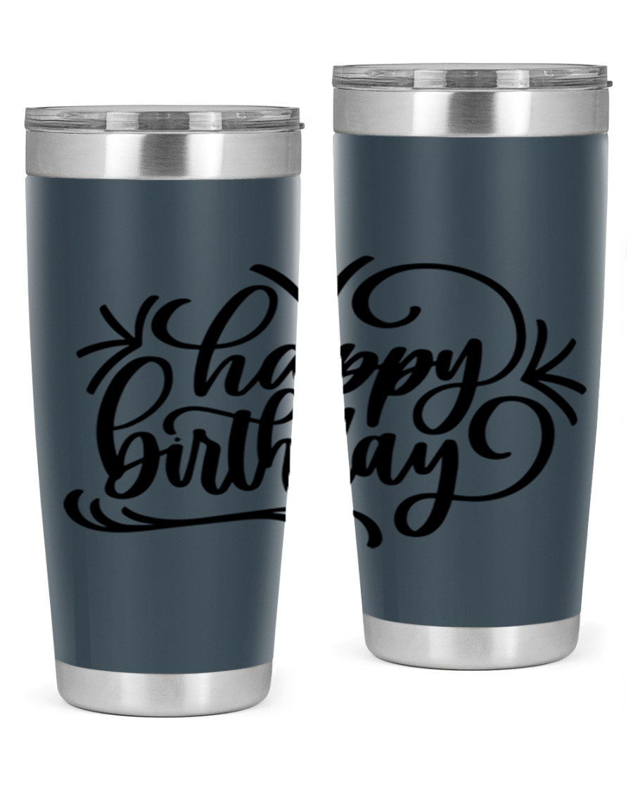 Happy Birthday Style 5# tumbler in vibrant colors, showcasing its double wall vacuum stainless steel design and drink-thru lid.