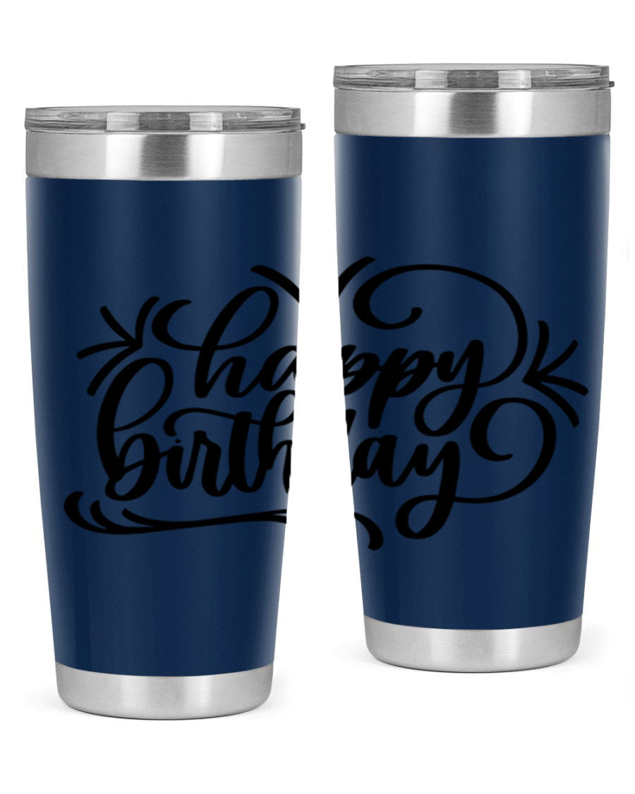 Happy Birthday Style 5# tumbler in vibrant colors, showcasing its double wall vacuum stainless steel design and drink-thru lid.