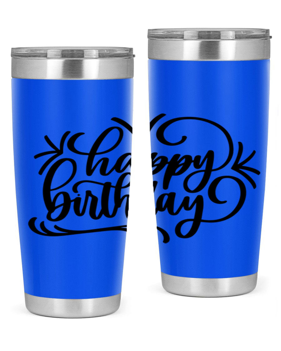 Happy Birthday Style 5# tumbler in vibrant colors, showcasing its double wall vacuum stainless steel design and drink-thru lid.