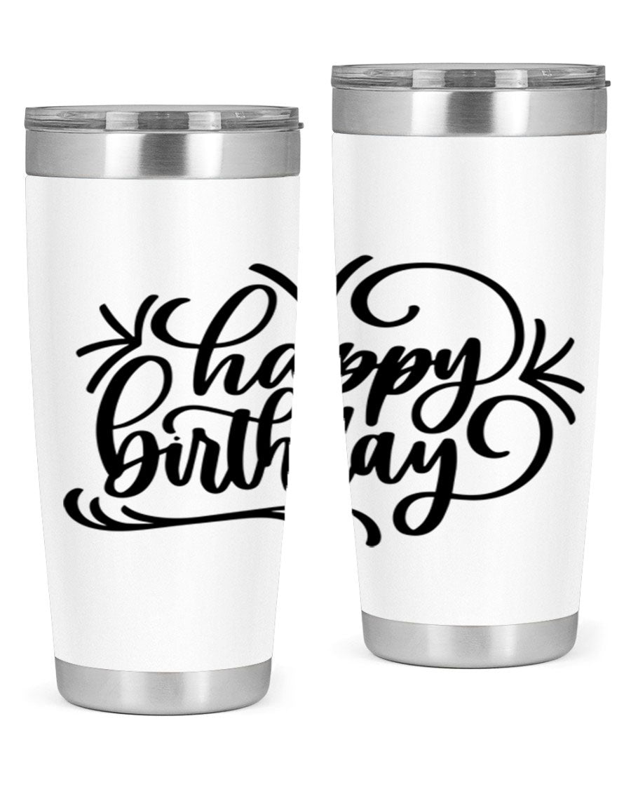 Happy Birthday Style 5# tumbler in vibrant colors, showcasing its double wall vacuum stainless steel design and drink-thru lid.