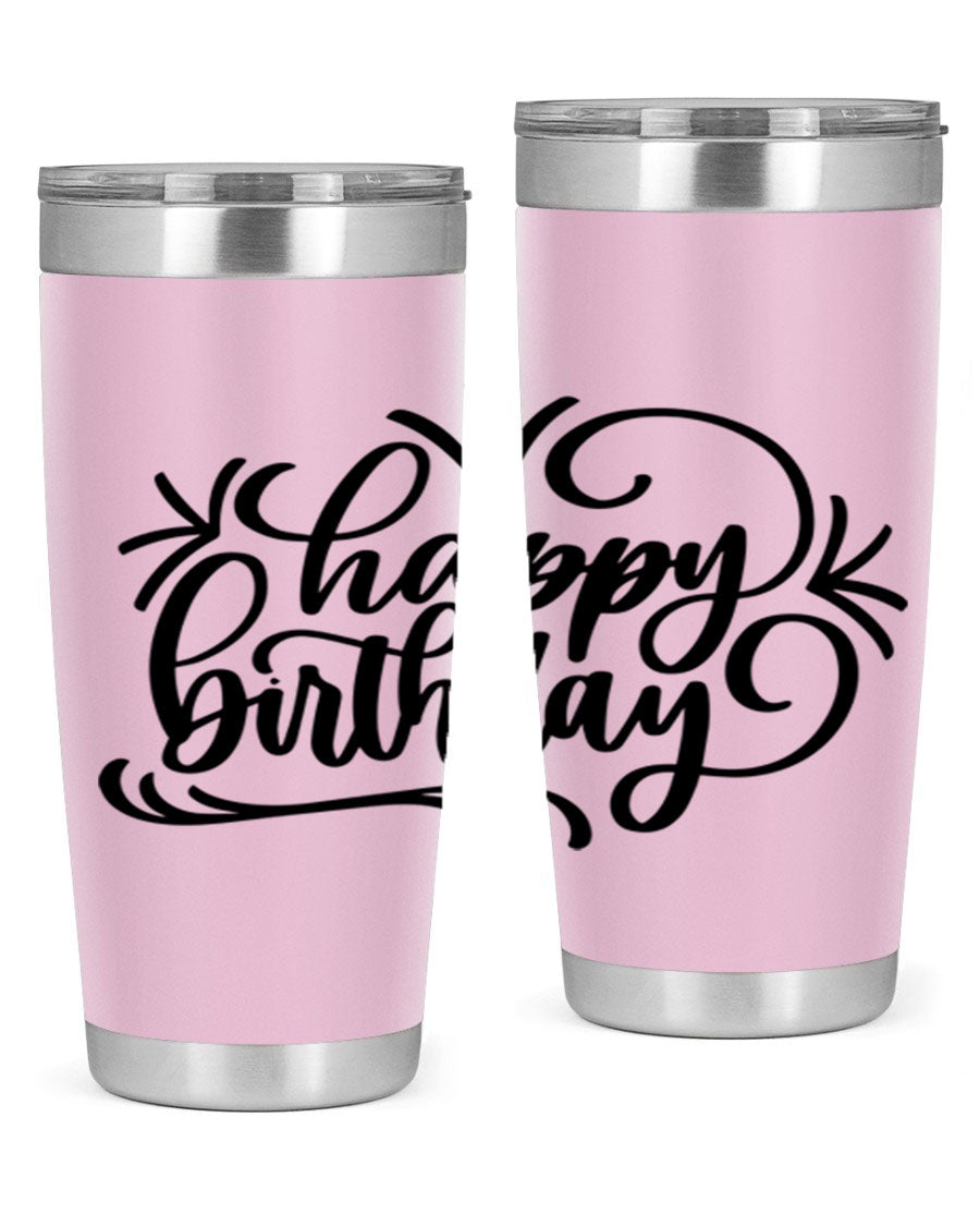 Happy Birthday Style 5# tumbler in vibrant colors, showcasing its double wall vacuum stainless steel design and drink-thru lid.