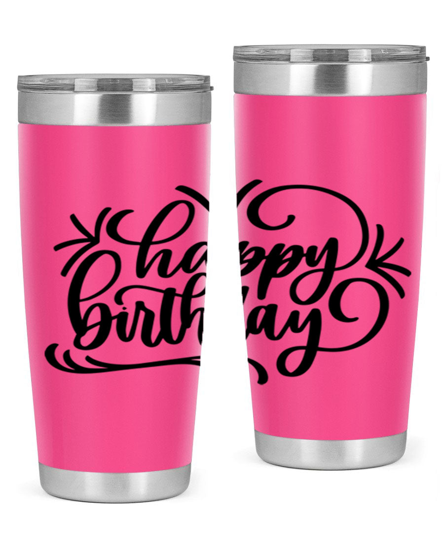 Happy Birthday Style 5# tumbler in vibrant colors, showcasing its double wall vacuum stainless steel design and drink-thru lid.