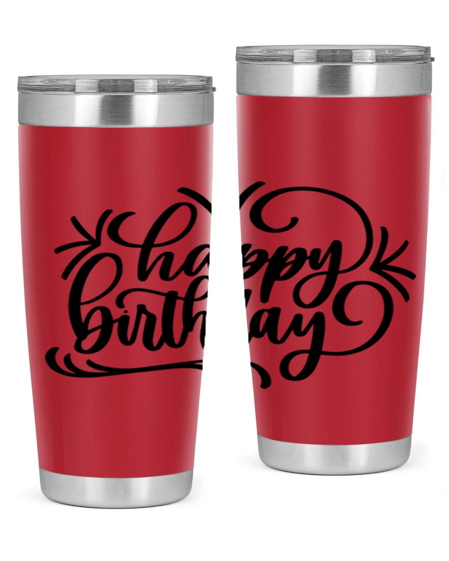 Happy Birthday Style 5# tumbler in vibrant colors, showcasing its double wall vacuum stainless steel design and drink-thru lid.