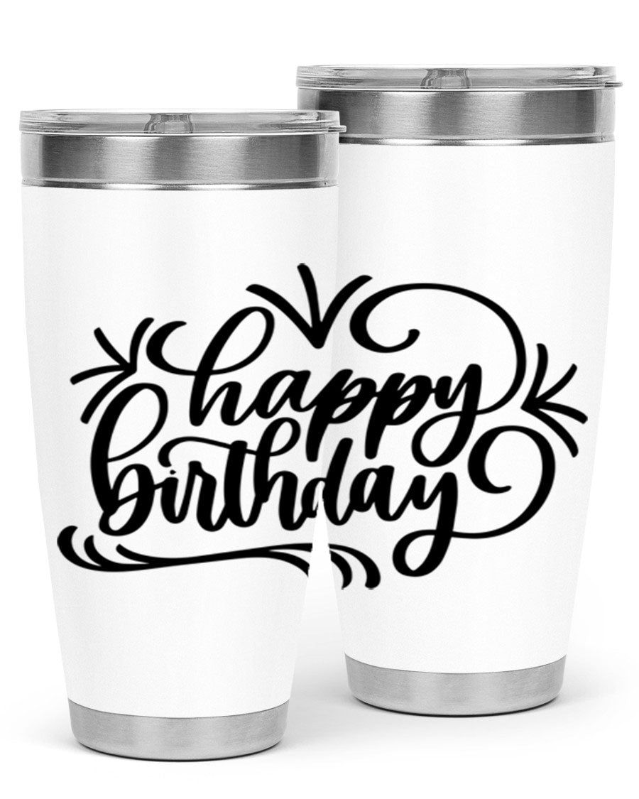 Happy Birthday Style 5# tumbler in vibrant colors, showcasing its double wall vacuum stainless steel design and drink-thru lid.