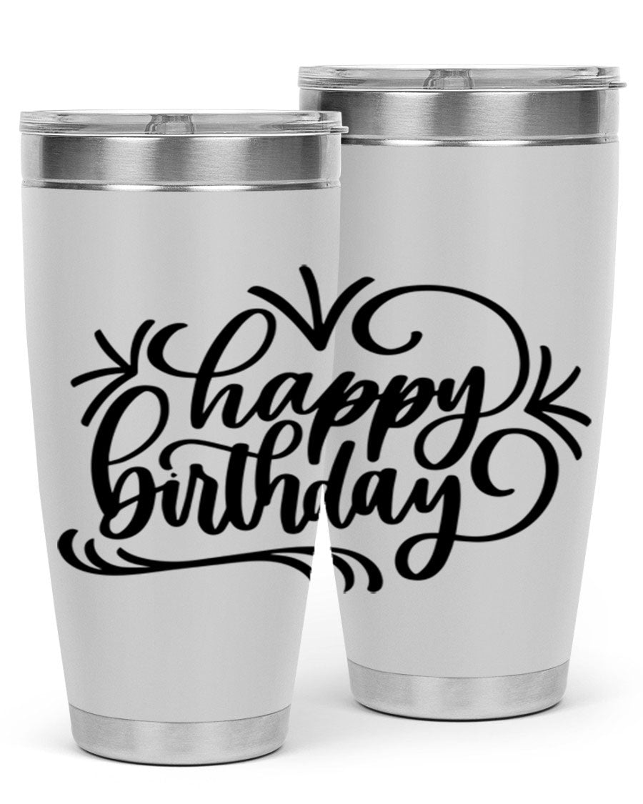 Happy Birthday Style 5# tumbler in vibrant colors, showcasing its double wall vacuum stainless steel design and drink-thru lid.