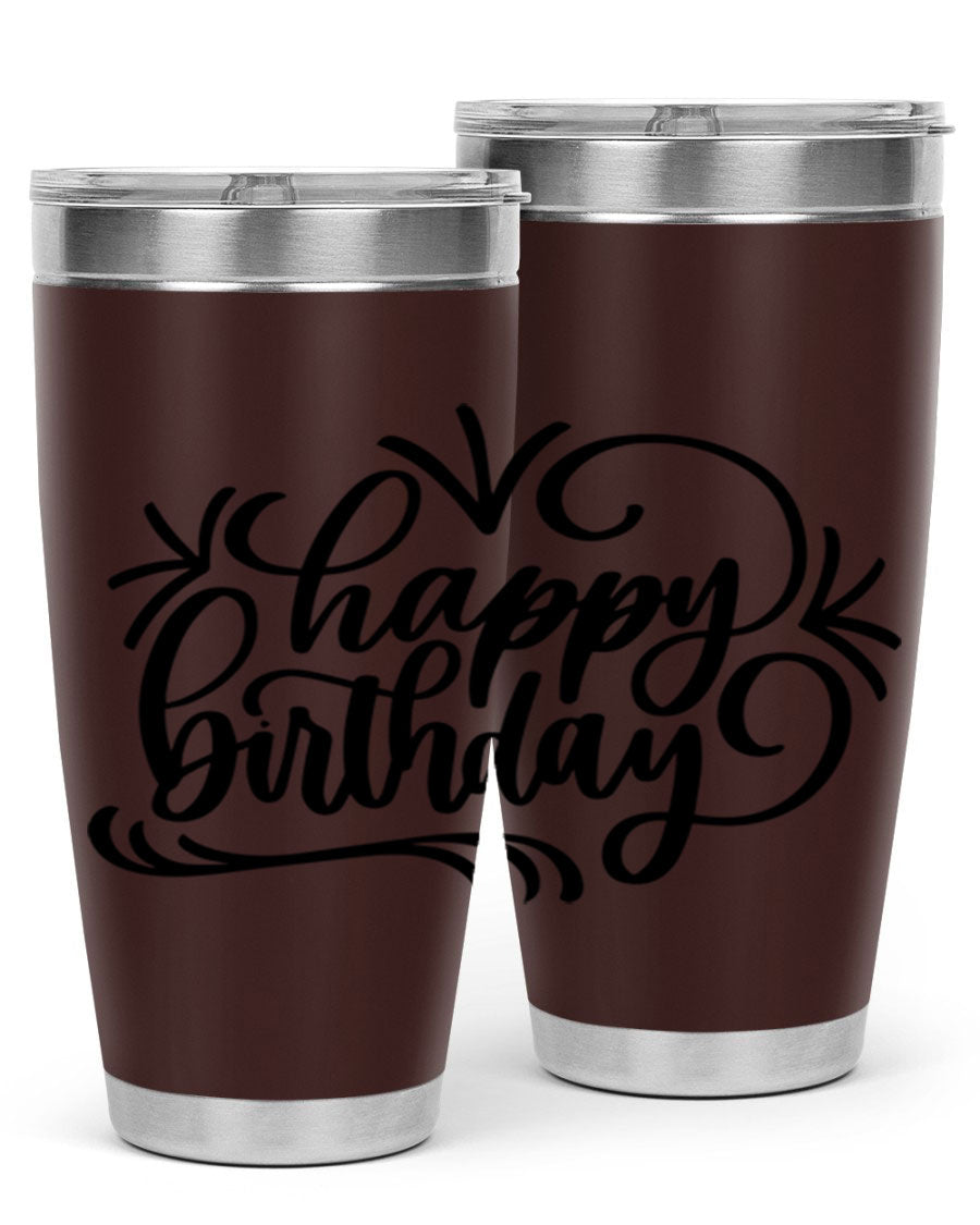 Happy Birthday Style 5# tumbler in vibrant colors, showcasing its double wall vacuum stainless steel design and drink-thru lid.