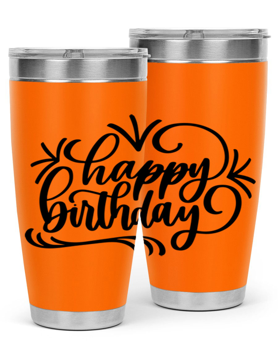 Happy Birthday Style 5# tumbler in vibrant colors, showcasing its double wall vacuum stainless steel design and drink-thru lid.