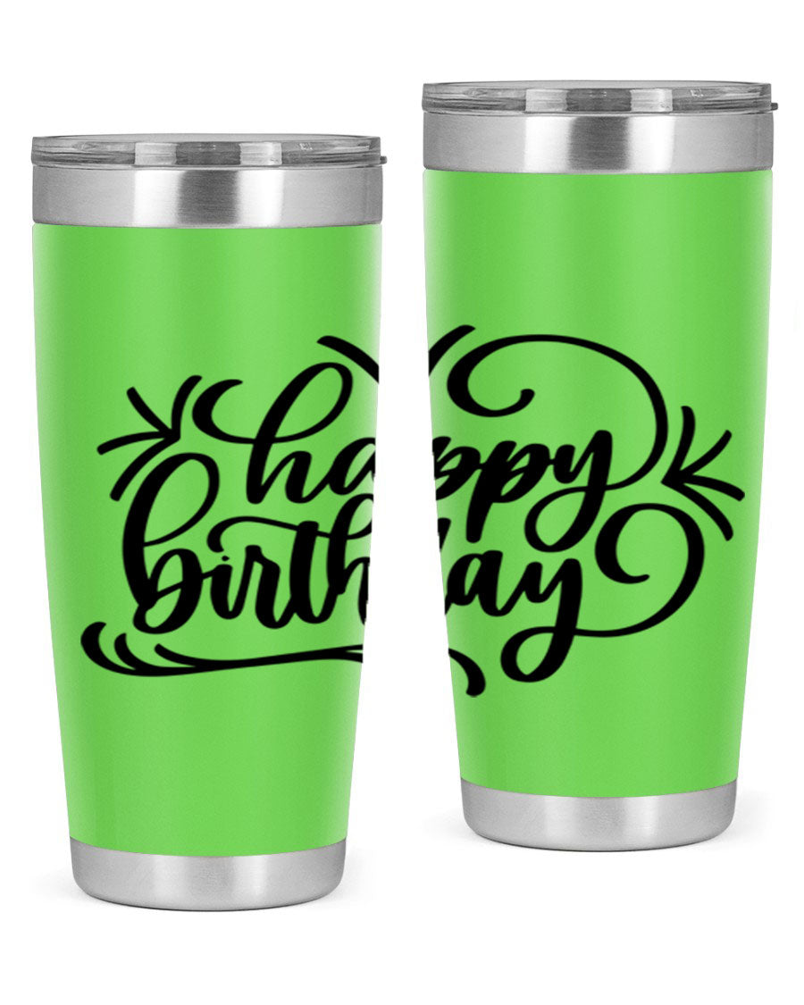 Happy Birthday Style 5# tumbler in vibrant colors, showcasing its double wall vacuum stainless steel design and drink-thru lid.