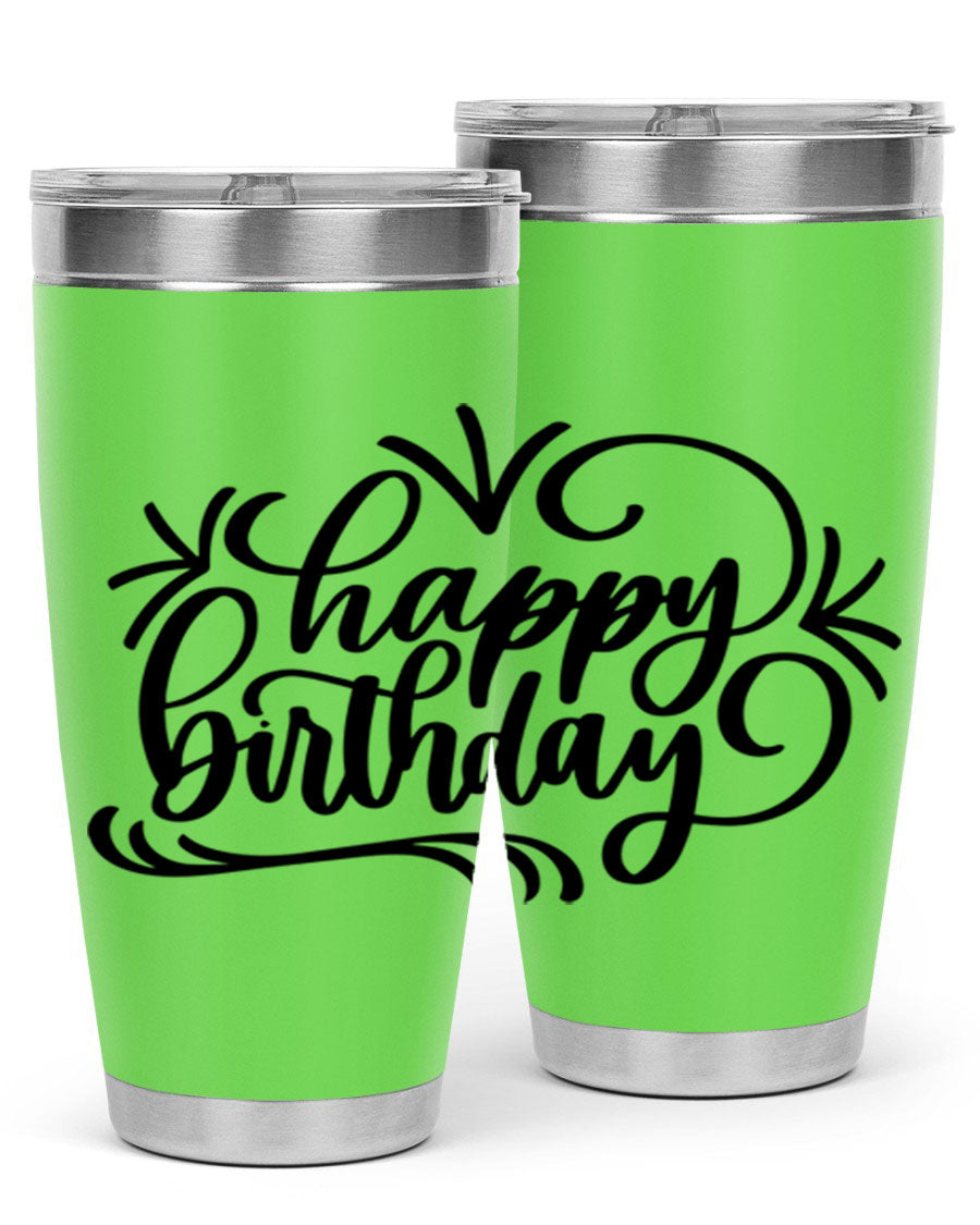 Happy Birthday Style 5# tumbler in vibrant colors, showcasing its double wall vacuum stainless steel design and drink-thru lid.