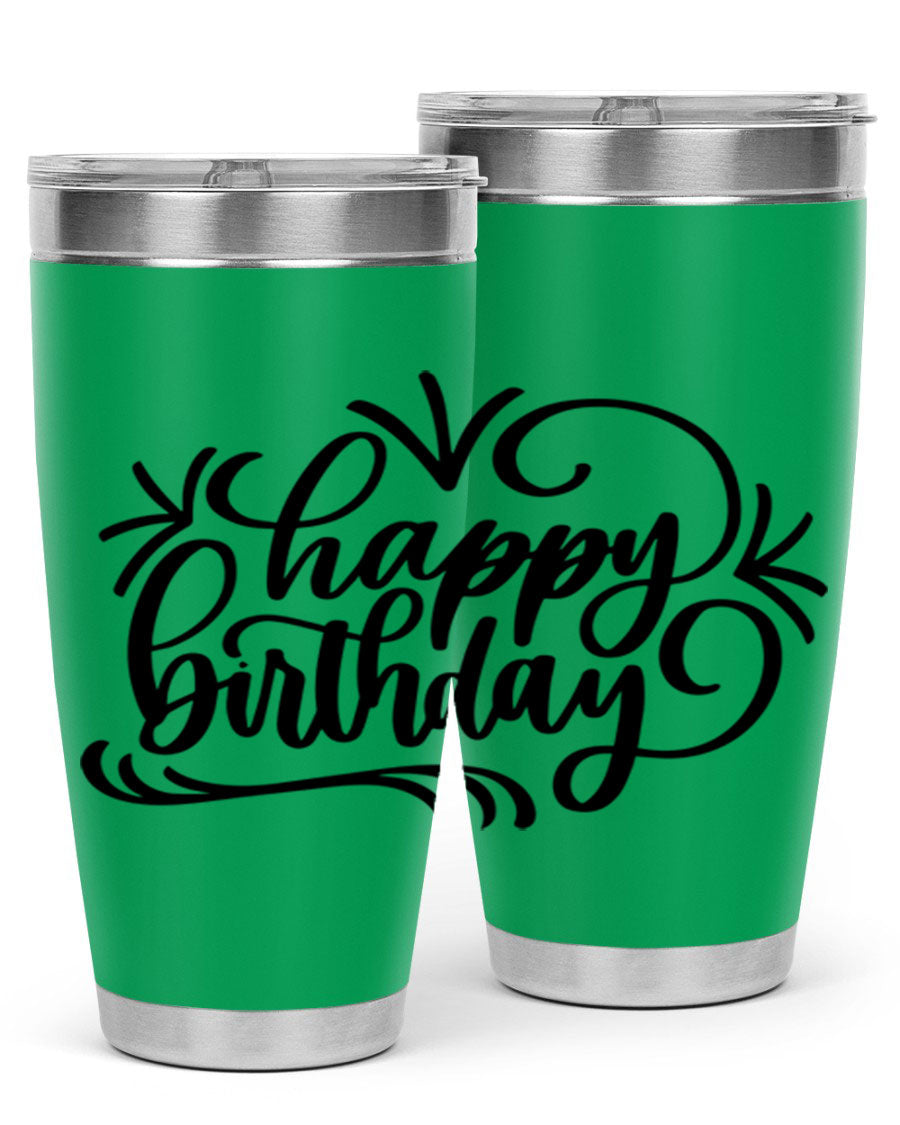 Happy Birthday Style 5# tumbler in vibrant colors, showcasing its double wall vacuum stainless steel design and drink-thru lid.