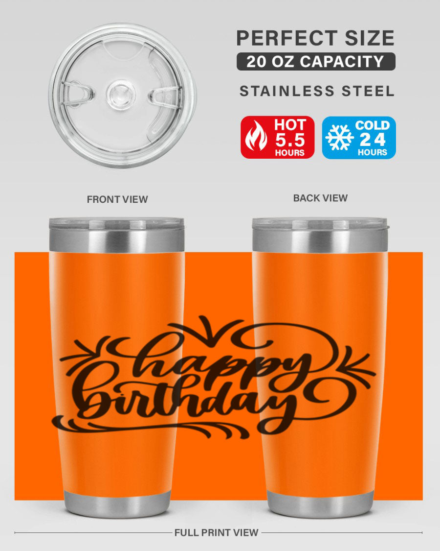 Happy Birthday Style 5# tumbler in vibrant colors, showcasing its double wall vacuum stainless steel design and drink-thru lid.