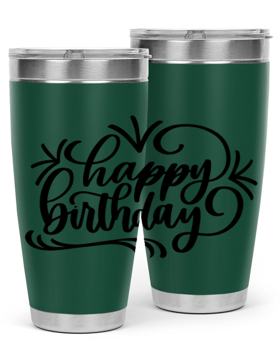 Happy Birthday Style 5# tumbler in vibrant colors, showcasing its double wall vacuum stainless steel design and drink-thru lid.
