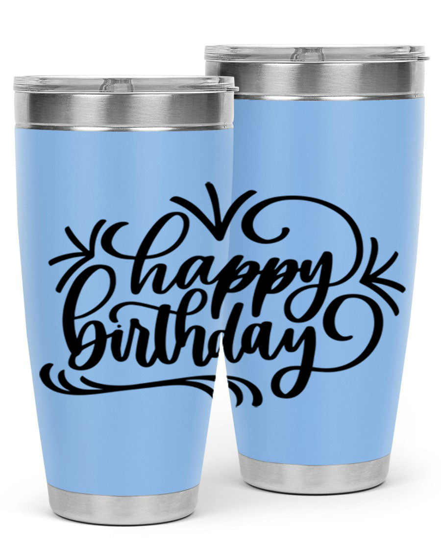 Happy Birthday Style 5# tumbler in vibrant colors, showcasing its double wall vacuum stainless steel design and drink-thru lid.