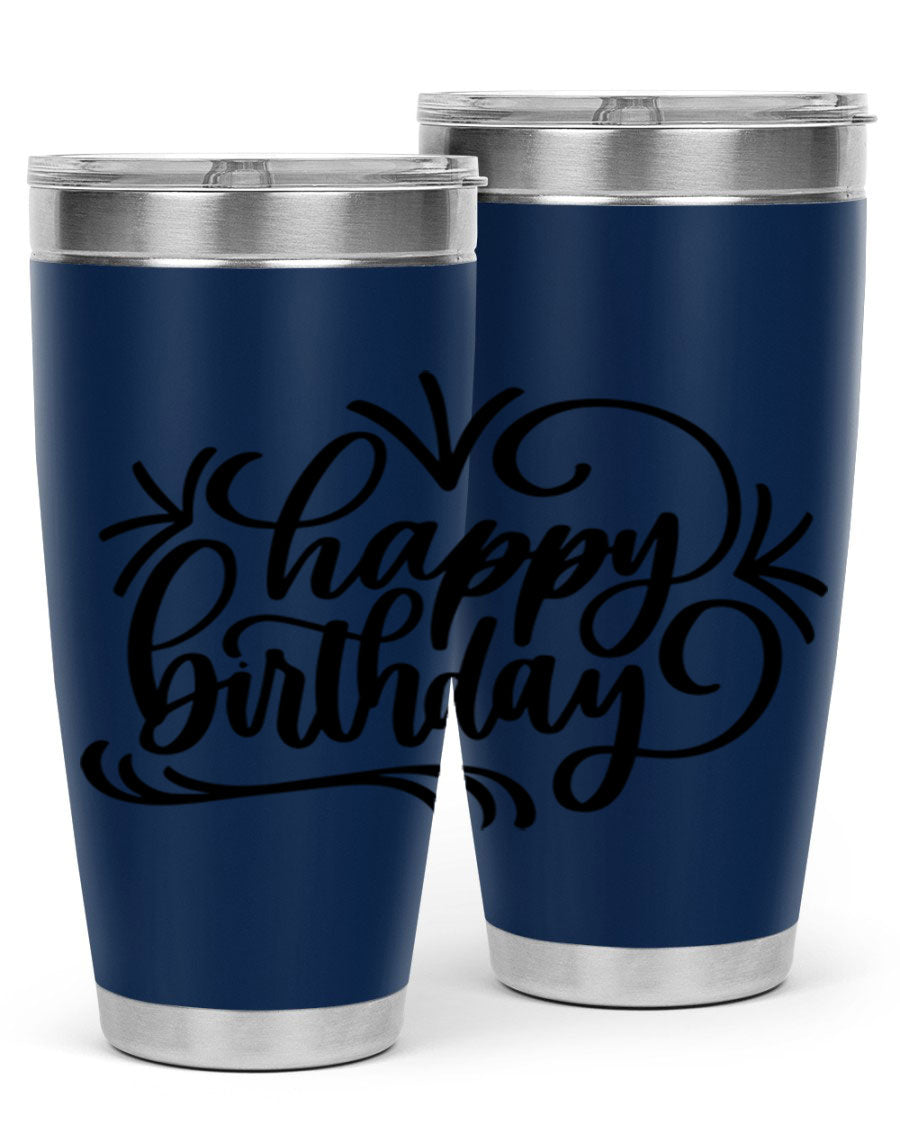 Happy Birthday Style 5# tumbler in vibrant colors, showcasing its double wall vacuum stainless steel design and drink-thru lid.