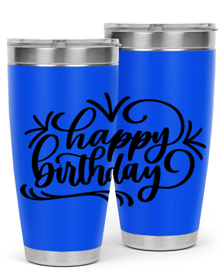 Happy Birthday Style 5# tumbler in vibrant colors, showcasing its double wall vacuum stainless steel design and drink-thru lid.