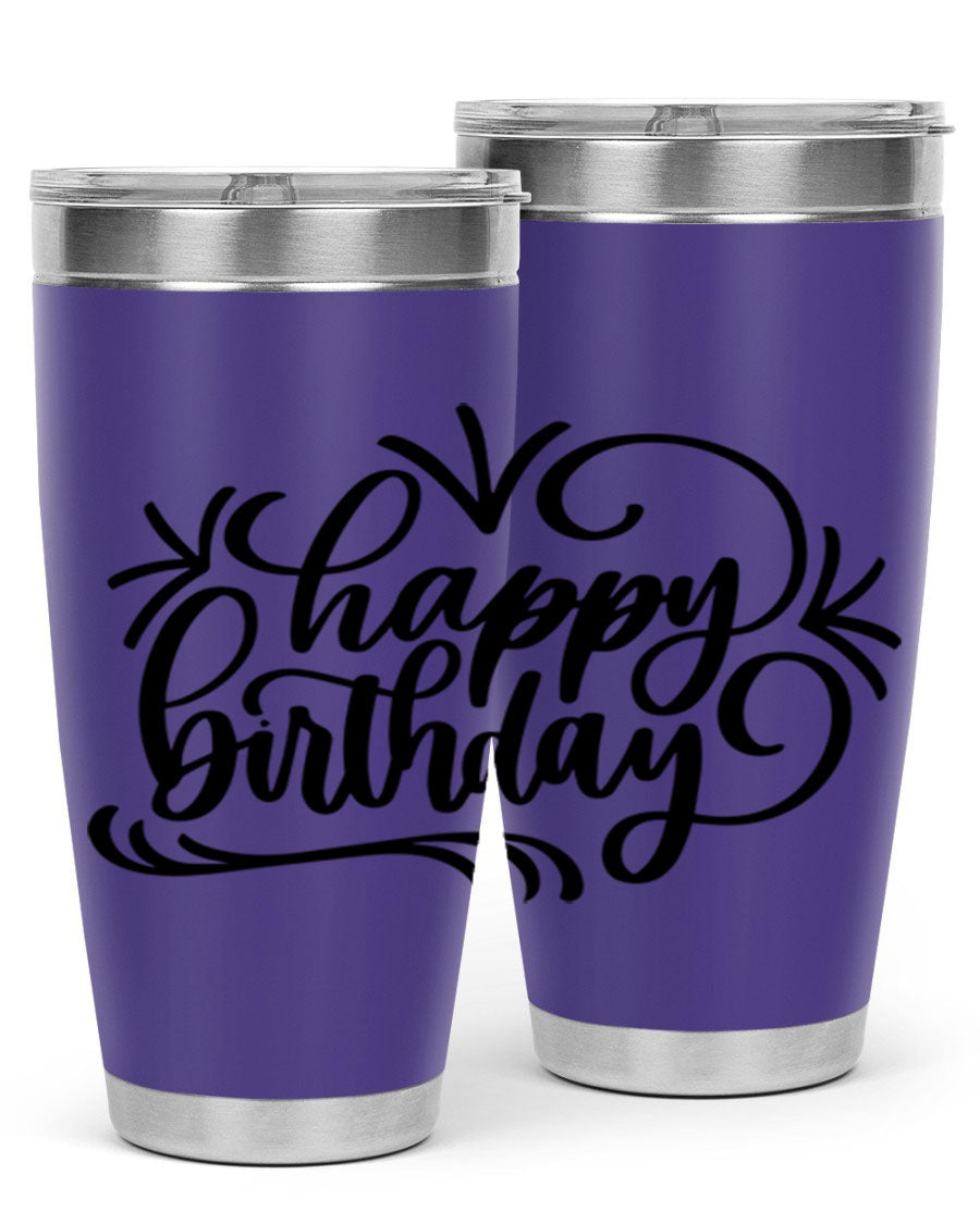 Happy Birthday Style 5# tumbler in vibrant colors, showcasing its double wall vacuum stainless steel design and drink-thru lid.