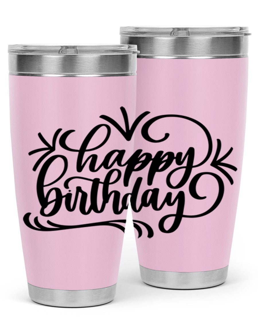 Happy Birthday Style 5# tumbler in vibrant colors, showcasing its double wall vacuum stainless steel design and drink-thru lid.