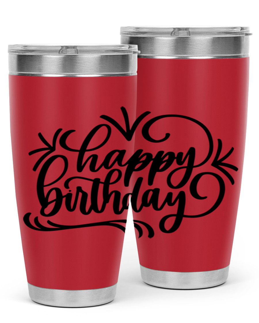 Happy Birthday Style 5# tumbler in vibrant colors, showcasing its double wall vacuum stainless steel design and drink-thru lid.