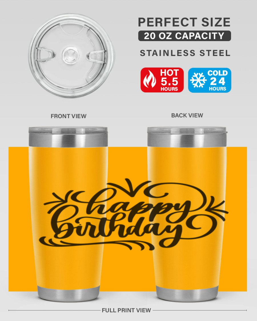 Happy Birthday Style 5# tumbler in vibrant colors, showcasing its double wall vacuum stainless steel design and drink-thru lid.