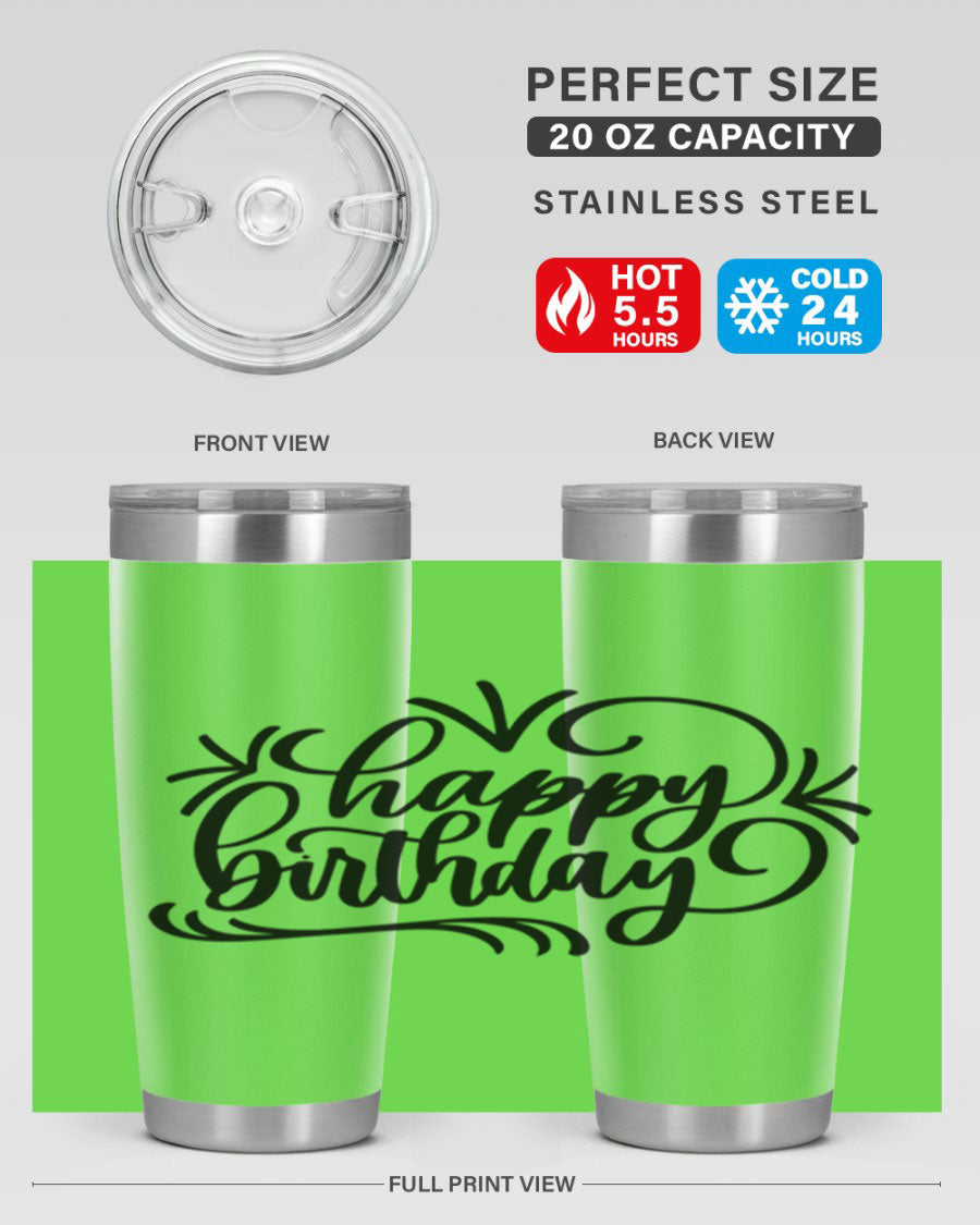 Happy Birthday Style 5# tumbler in vibrant colors, showcasing its double wall vacuum stainless steel design and drink-thru lid.