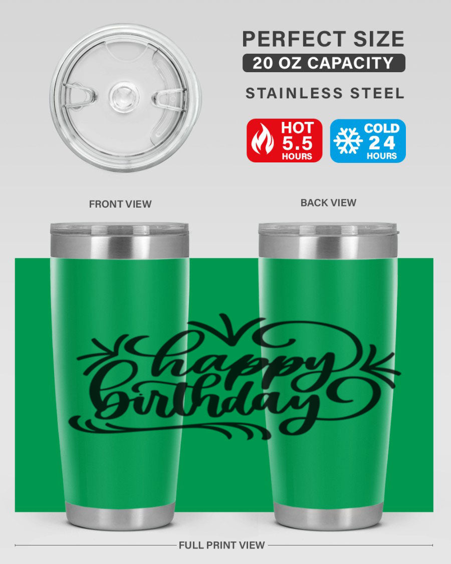 Happy Birthday Style 5# tumbler in vibrant colors, showcasing its double wall vacuum stainless steel design and drink-thru lid.