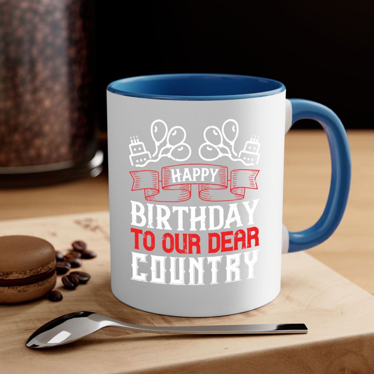 Happy Birthday to Our Dear Country Mug with a glossy finish and colorful handle, available in multiple sizes.