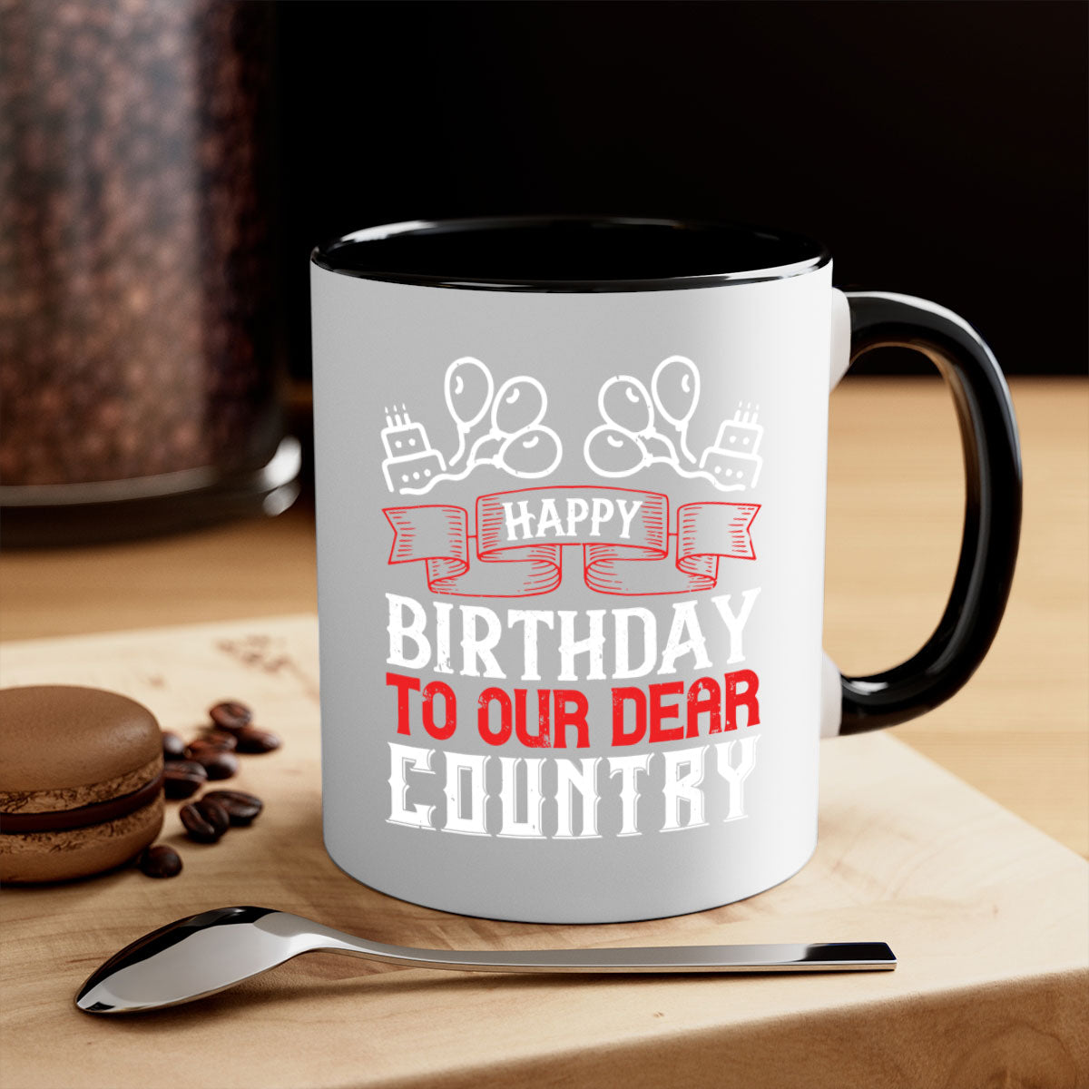 Happy Birthday to Our Dear Country Mug with a glossy finish and colorful handle, available in multiple sizes.