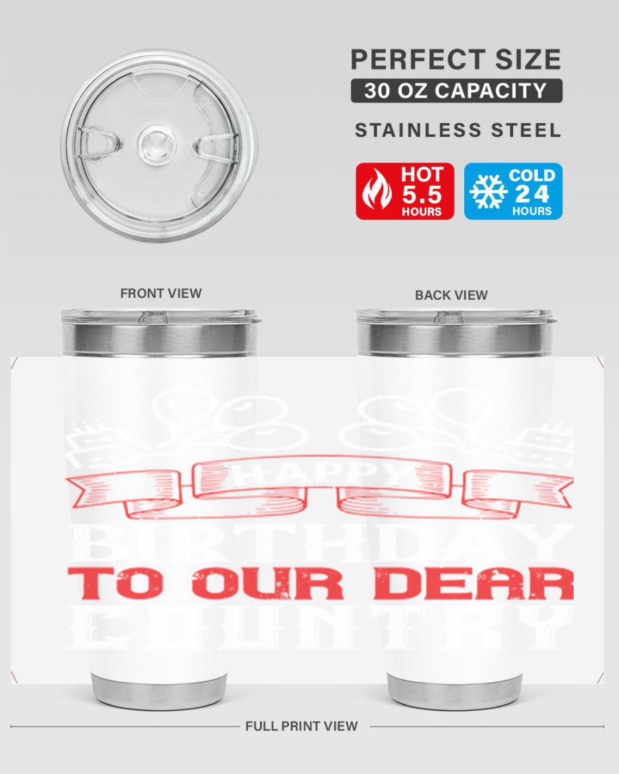 Happy Birthday to Our Dear Country tumbler in 20oz and 30oz sizes, featuring a double wall vacuum stainless steel design with a festive print.
