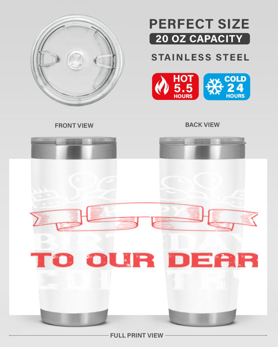 Happy Birthday to Our Dear Country tumbler in 20oz and 30oz sizes, featuring a double wall vacuum stainless steel design with a festive print.