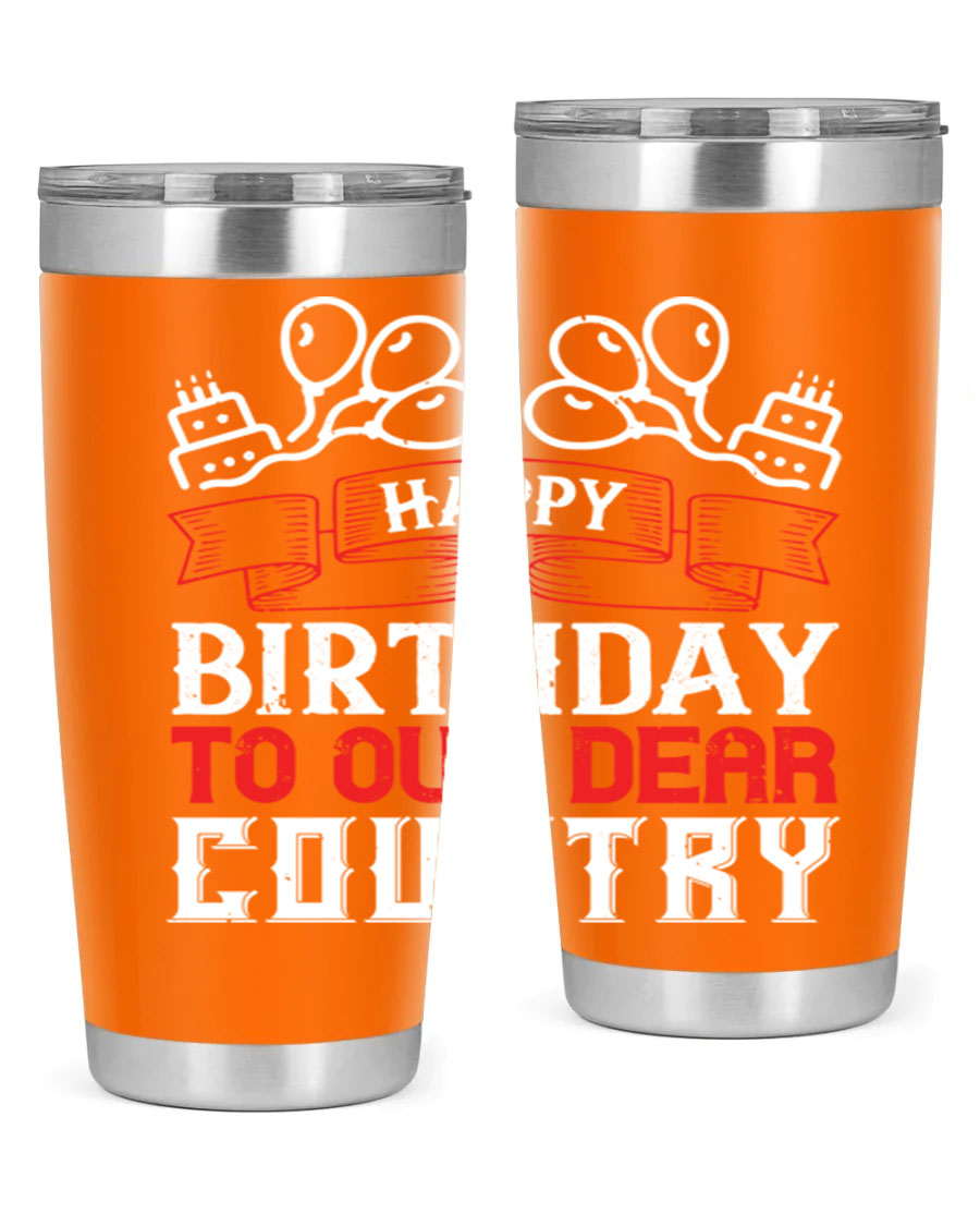 Happy Birthday to Our Dear Country tumbler in 20oz and 30oz sizes, featuring a double wall vacuum stainless steel design with a festive print.