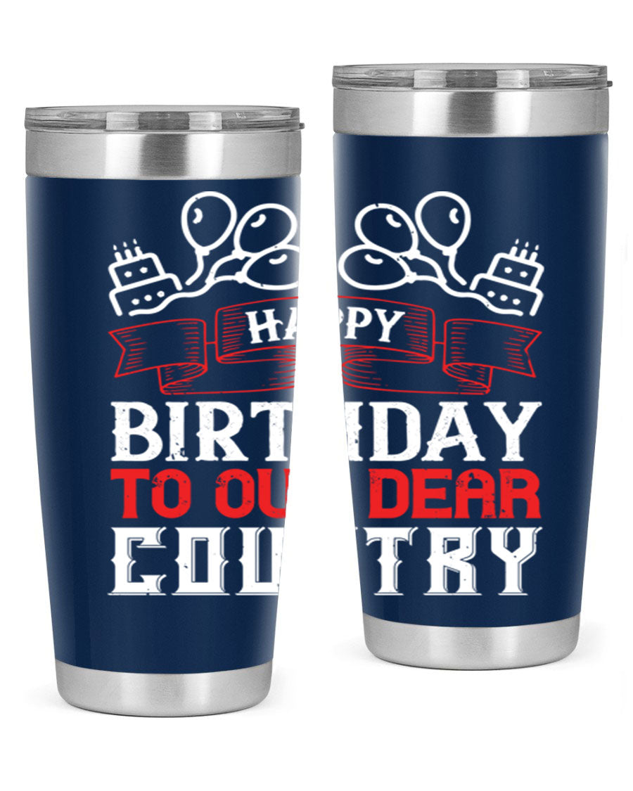 Happy Birthday to Our Dear Country tumbler in 20oz and 30oz sizes, featuring a double wall vacuum stainless steel design with a festive print.