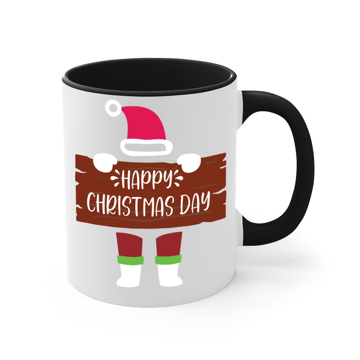 Happy Christmas Day Mug with colorful handle and glossy finish, perfect for coffee or tea.