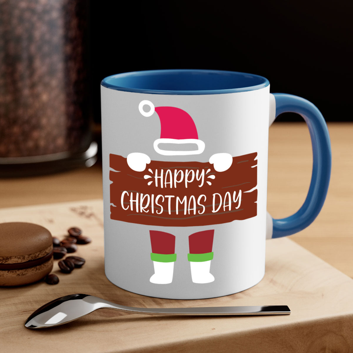 Happy Christmas Day Mug with colorful handle and glossy finish, perfect for coffee or tea.