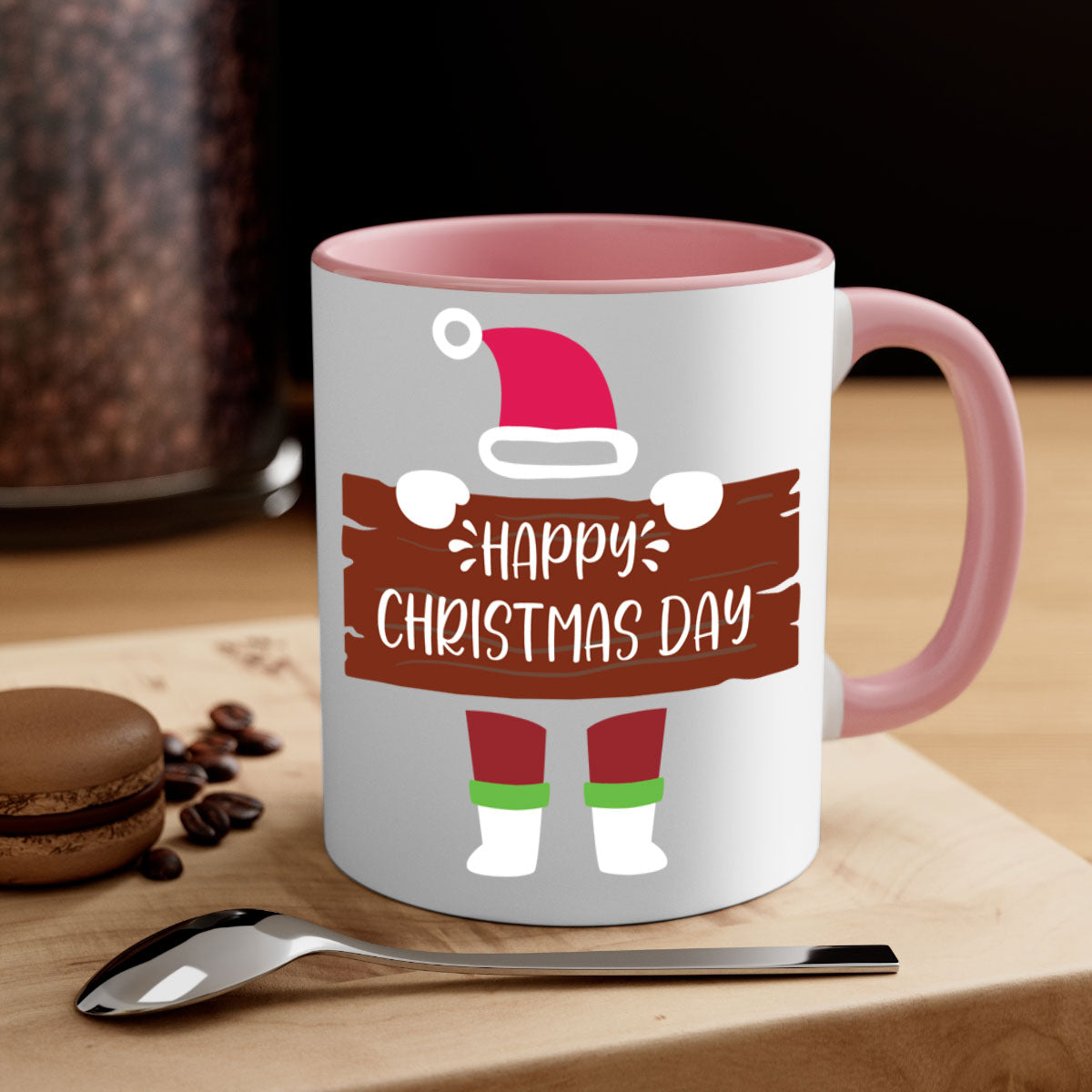 Happy Christmas Day Mug with colorful handle and glossy finish, perfect for coffee or tea.