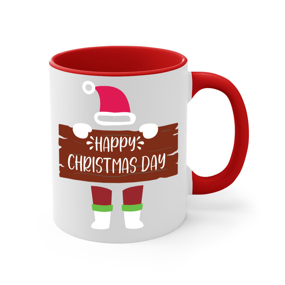 Happy Christmas Day Mug with colorful handle and glossy finish, perfect for coffee or tea.
