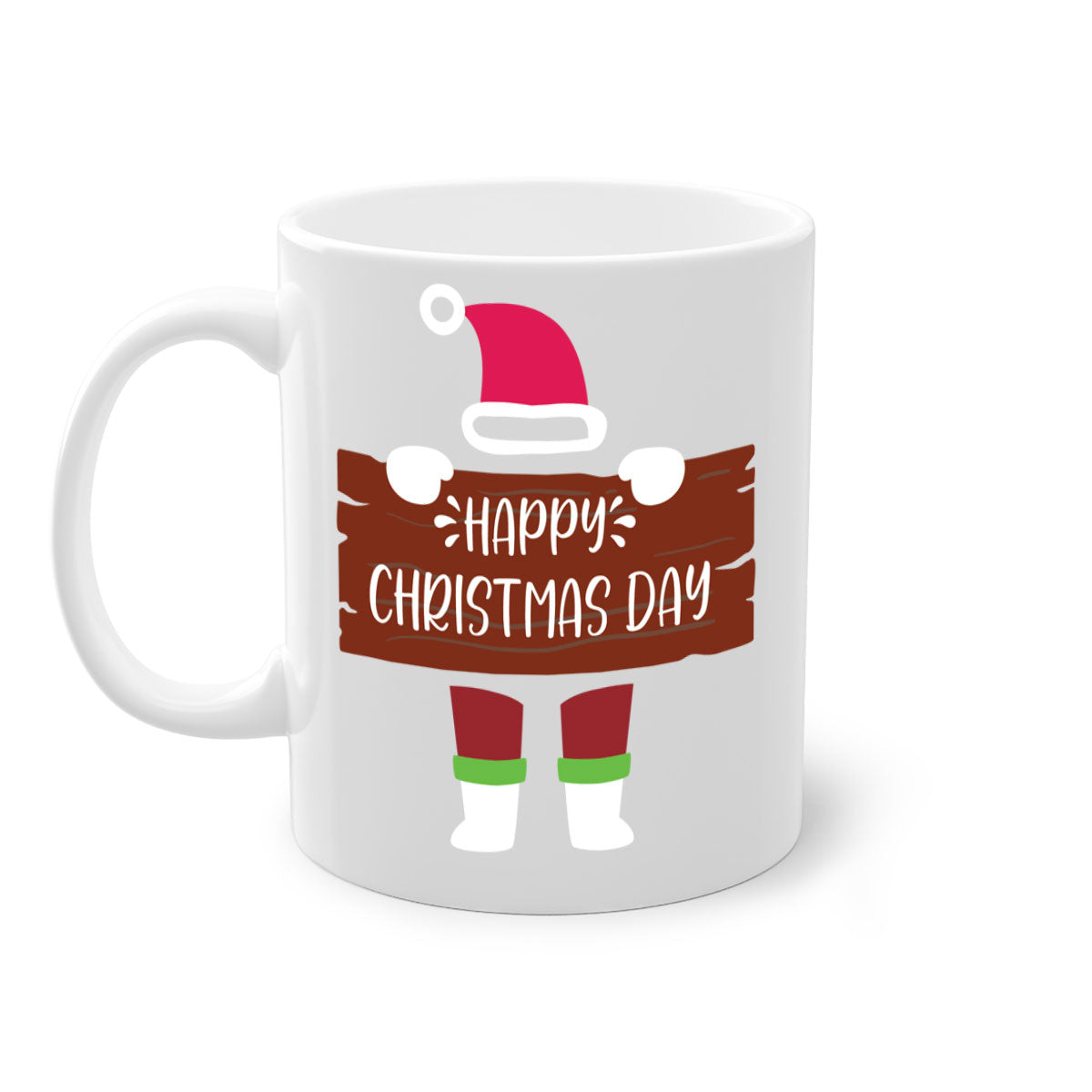 Happy Christmas Day Mug with colorful handle and glossy finish, perfect for coffee or tea.