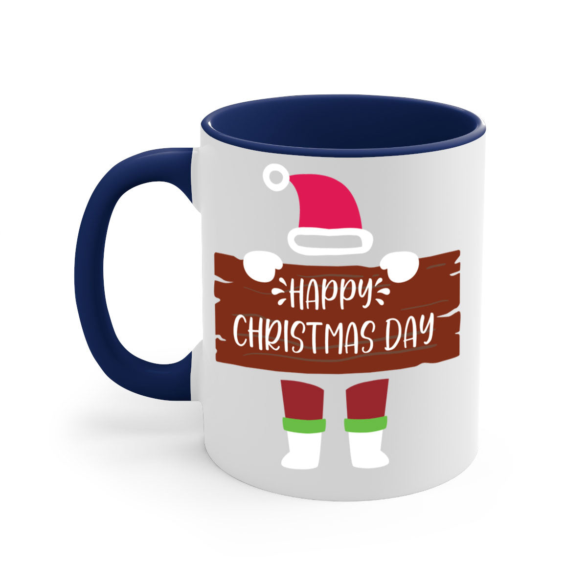 Happy Christmas Day Mug with colorful handle and glossy finish, perfect for coffee or tea.