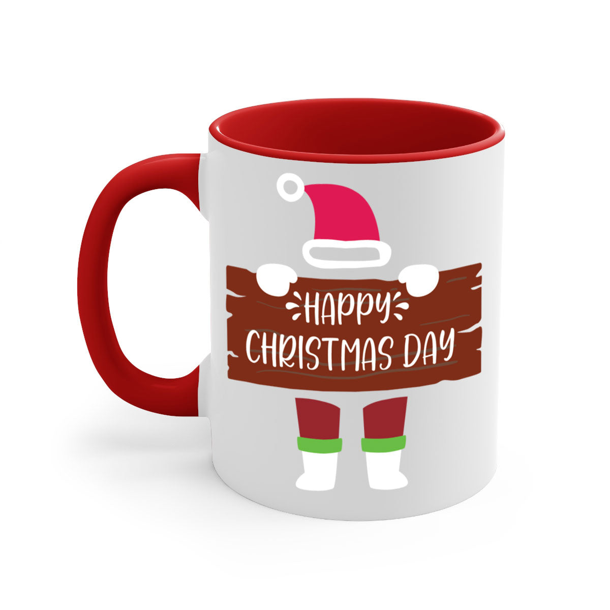 Happy Christmas Day Mug with colorful handle and glossy finish, perfect for coffee or tea.