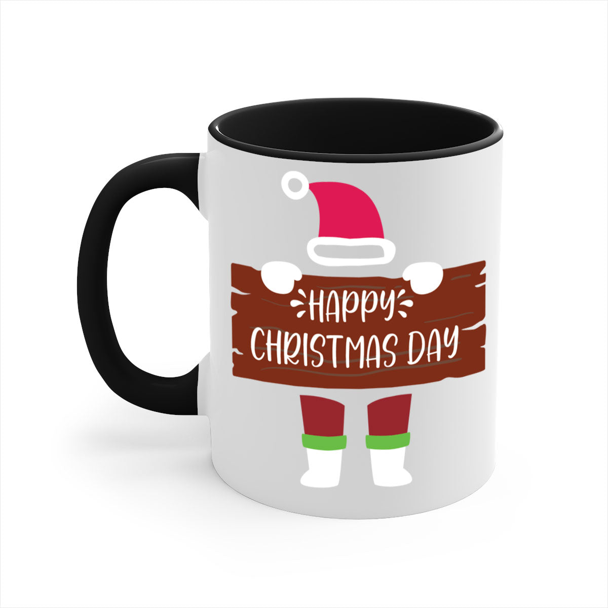 Happy Christmas Day Mug with colorful handle and glossy finish, perfect for coffee or tea.