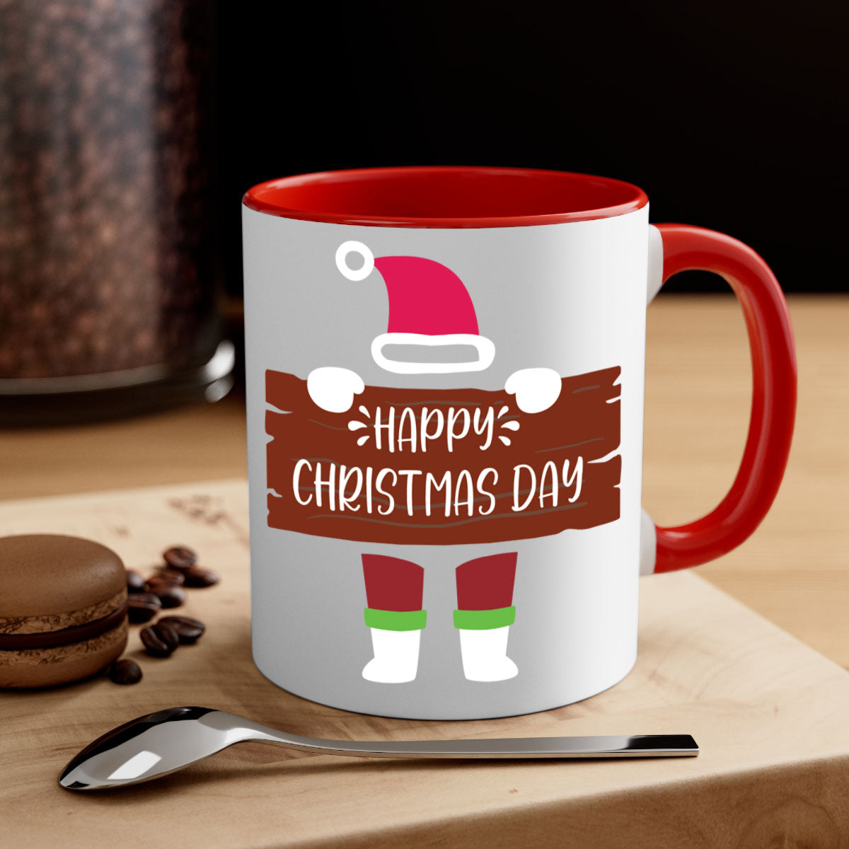 Happy Christmas Day Mug with colorful handle and glossy finish, perfect for coffee or tea.