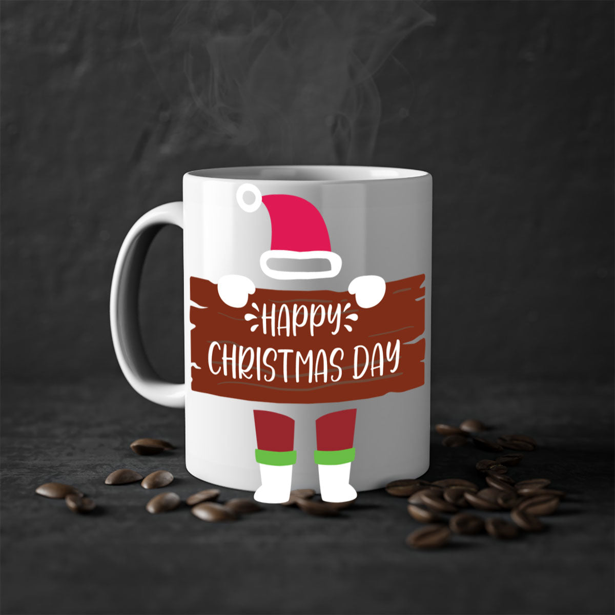 Happy Christmas Day Mug with colorful handle and glossy finish, perfect for coffee or tea.