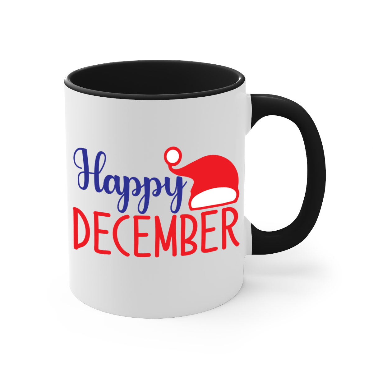 Happy December 135# winter mug with a glossy finish, featuring a colored handle and interior, available in multiple colors.