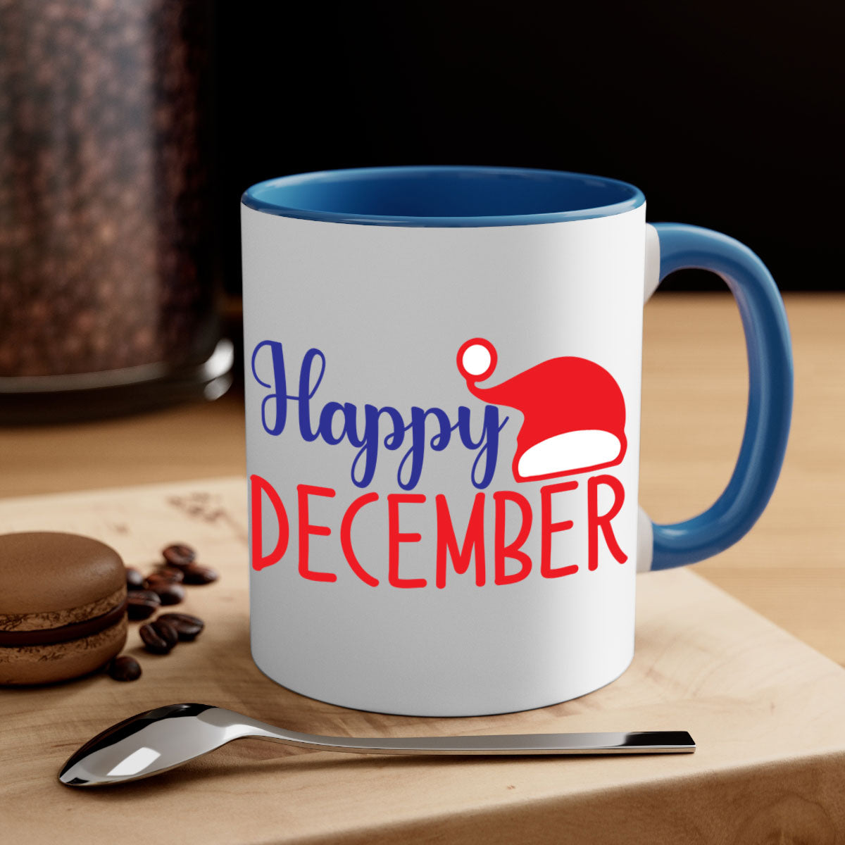 Happy December 135# winter mug with a glossy finish, featuring a colored handle and interior, available in multiple colors.