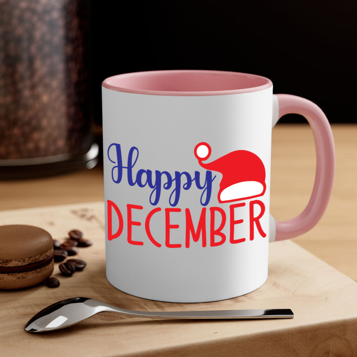 Happy December 135# winter mug with a glossy finish, featuring a colored handle and interior, available in multiple colors.